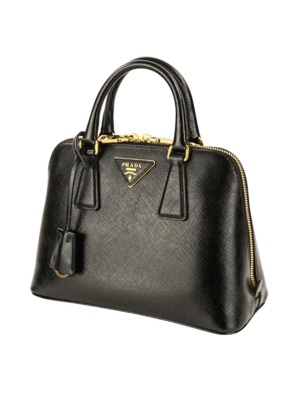 Prada Triangle Logo Leather Saffiano Vernis Clock 2-Way Shoulder Bag Black